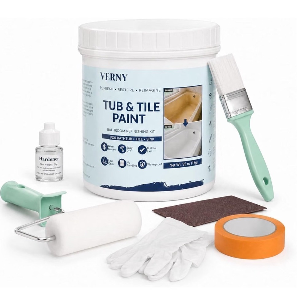 Verny Tub and Tile Paint 2-Part Refinishing Kit Semi-Gloss White 35 oz DIY Set